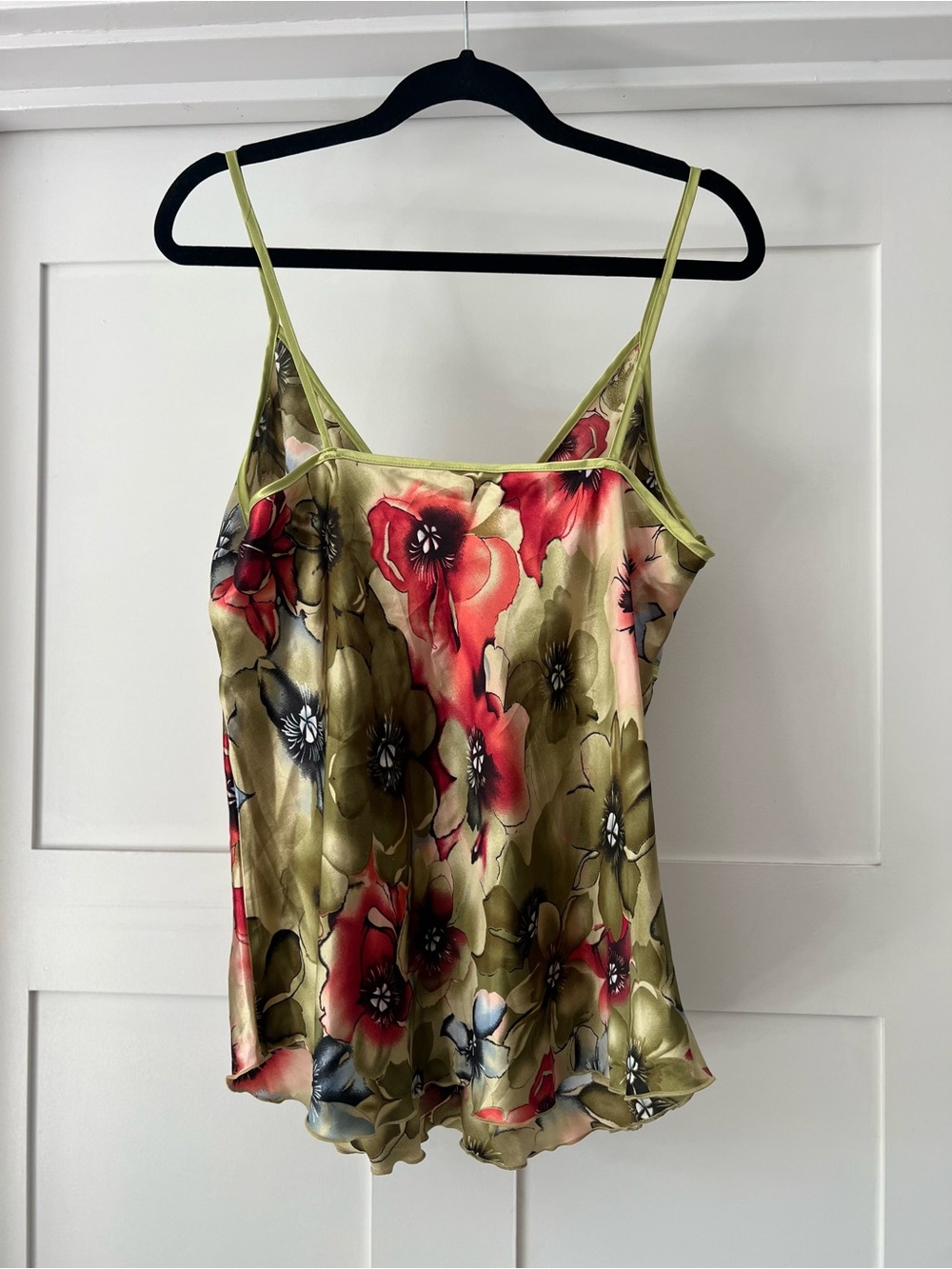 VINTAGE Floral Satin Silk Cami Tank Top - Olive & Red Y2K - Picture 2 of 6